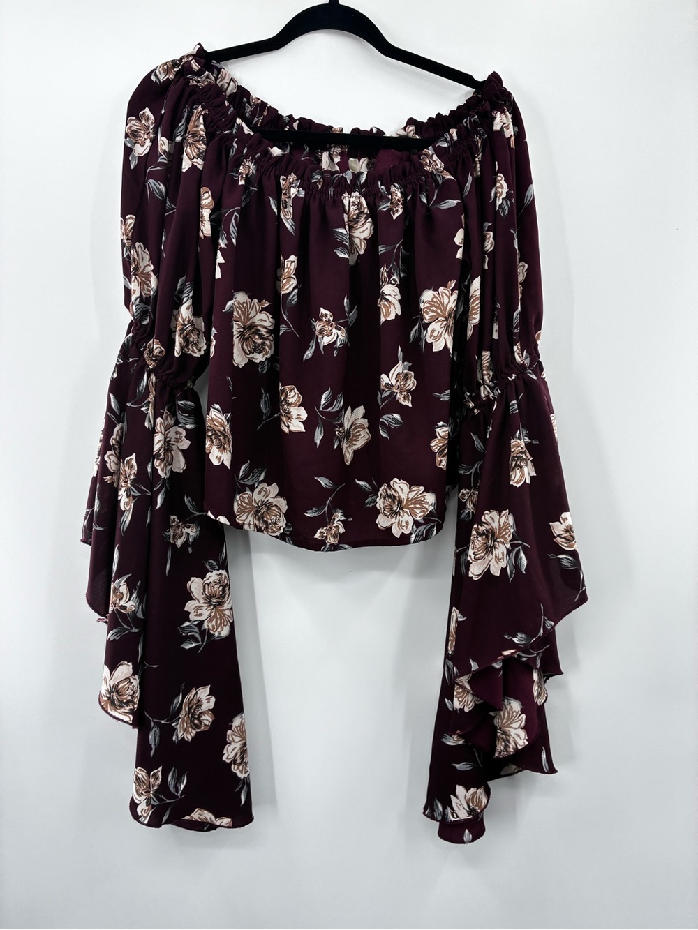 Truth Floral Off-Shoulder Bell Sleeve Top - Burgundy Floral size Large